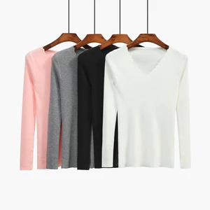 Autumn New Slim-Fit Long-Sleeved V-neck Base Knitwear Womens Top Korean Style Versatile Pullover Cropped Sweater