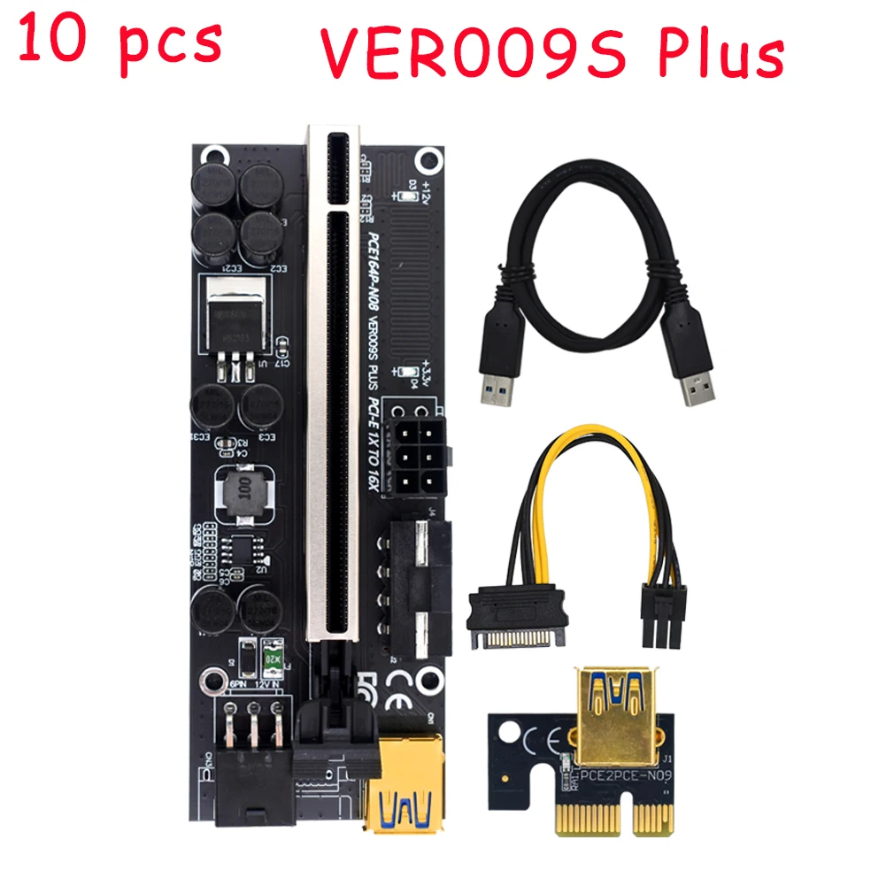 

10 шт., Райзер-карта VER009S Plus PCI-E PCIE, USB 3,0, кабель PCI-E 1x к 16x, удлинитель, 15pin к 6pin, адаптер для майнинга BTC