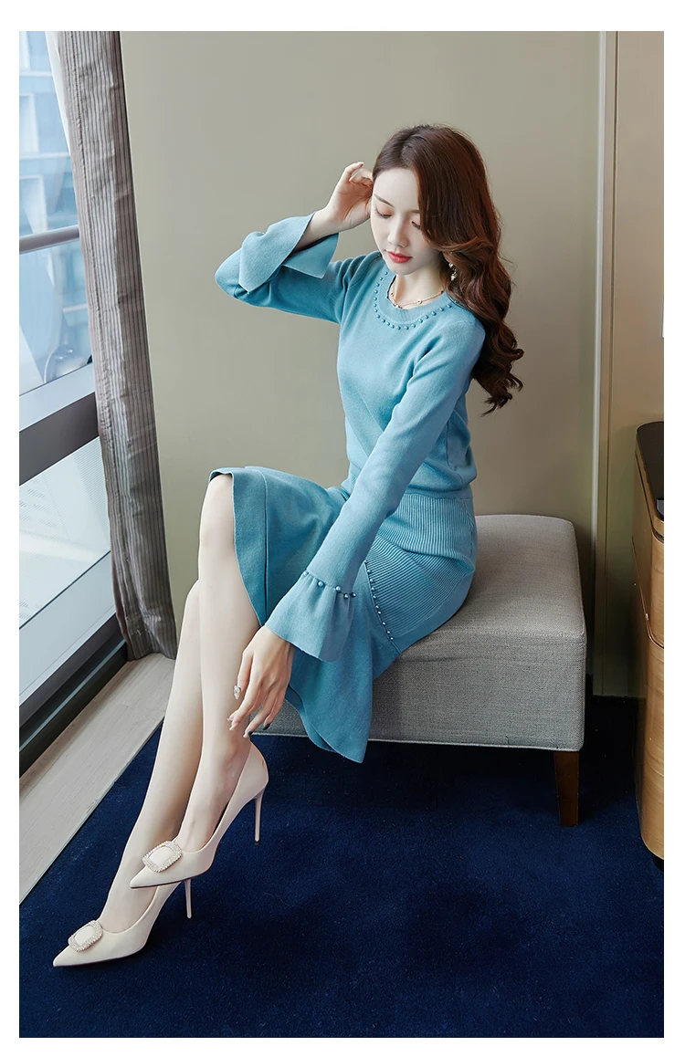 Pearl Chic Ladies Knitted Skirt Suit Autumn Mermaid + Lantern Sleeve Sweater Pullover Elegant Party 2-Piece Set |