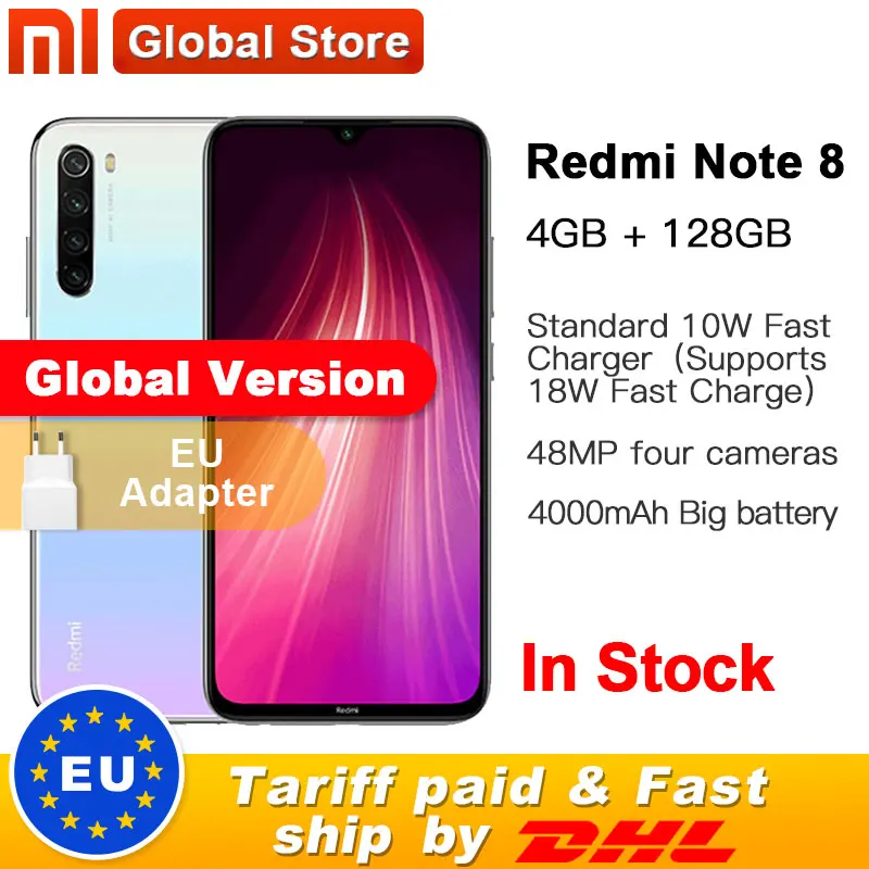 Xiaomi Redmi Note 8 с глобальной версией, 128 ГБ, 4 Гб, восьмиядерный смартфон Snapdragon 665, 6,3 дюйма, 48мп, четырехъядерный, задняя камера, мобильный телефон, 4000 мАч