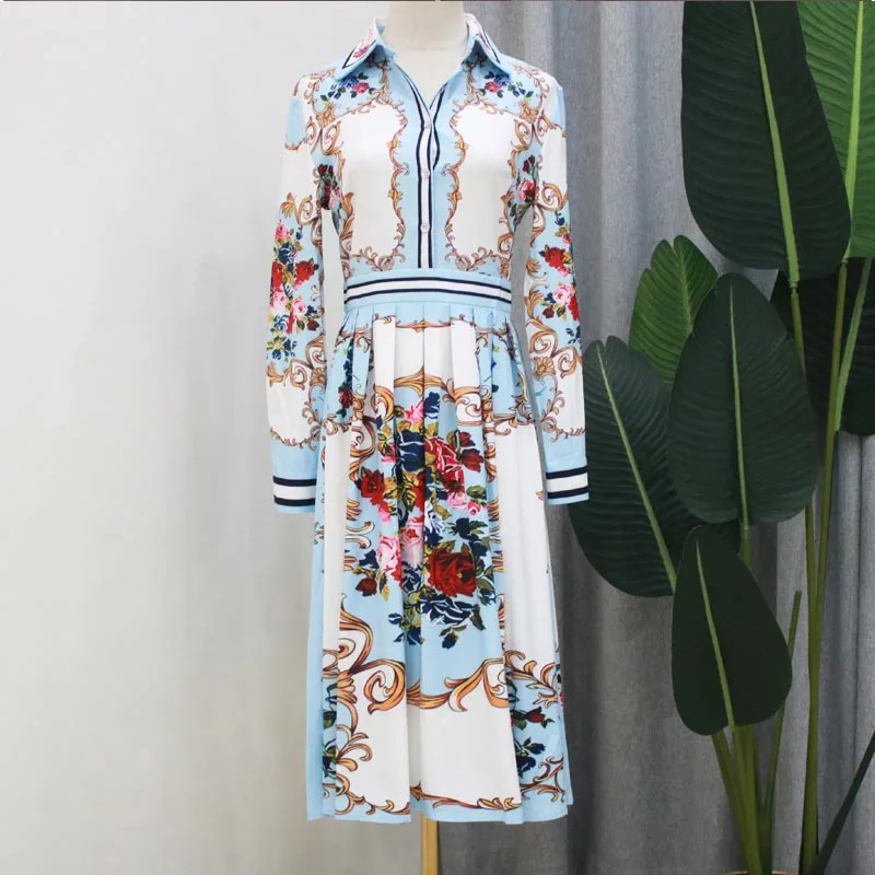 Женское платье рубашка повседневное плиссированное в полоску с длинным рукавом