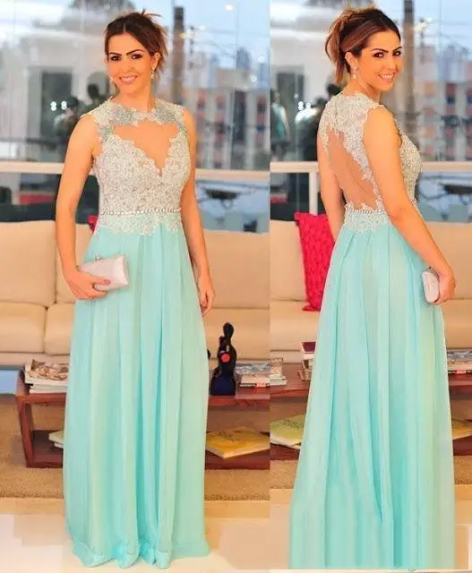 

Cheap elegant light blue Scoop floor length Backless key hole back Evening Dress guest party dress maid of honor dress