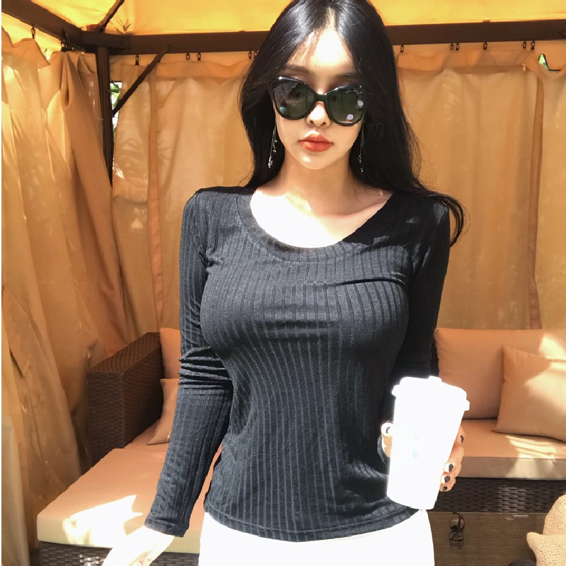 Новая весенняя Сексуальная футболка Женская эластичная в Корейском стиле