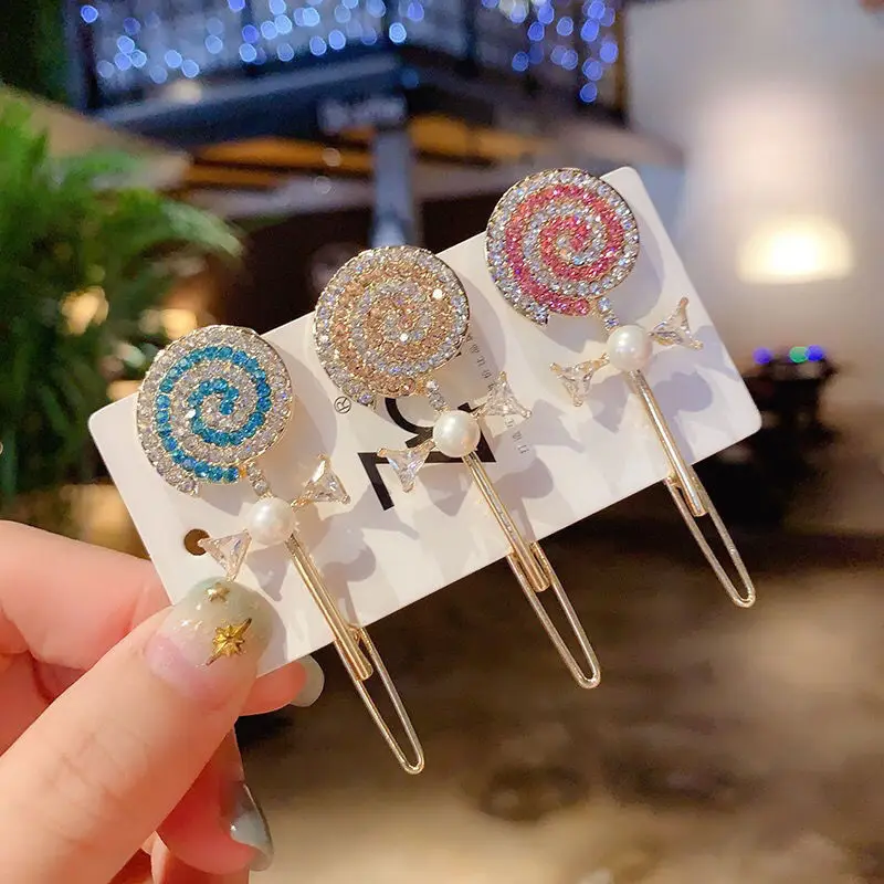 

New Women Girls Shining Crystal Lollipop Barrettes Sweet Hair Ornament Hairpins Clips Diamond Hair Clamp Fashion Accessories