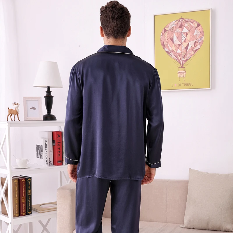 

100% Mulberry Silk Solid Long Sleeve Long Pant Home Cloths Sleepwear Men Pajama Sets G141MS001XM