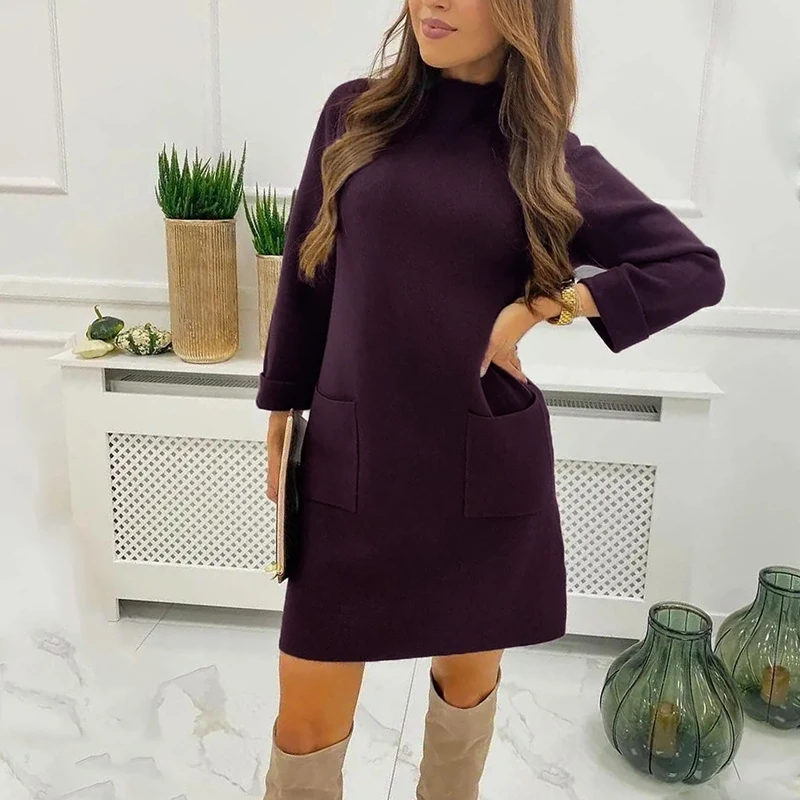 

Women Dress Loose Style Winter 2021 Half Turtlneck With Pockets Warm Mini Dress Female Fashion Party Vestidos