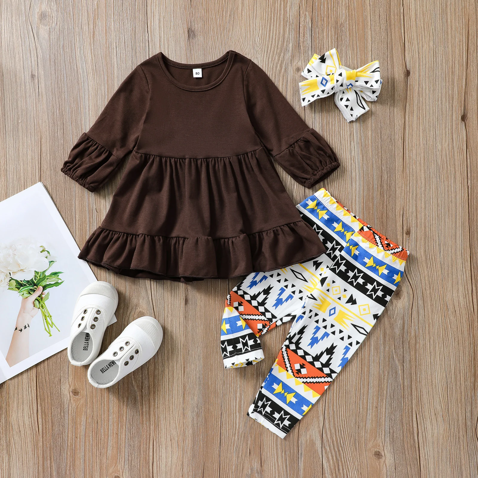 

3Pcs Children's Sets Solid Long Sleeves Ruffle Hem Tops Printed Elastic Trousers Bow Headband Toddler Girls Spring Fall Clothing