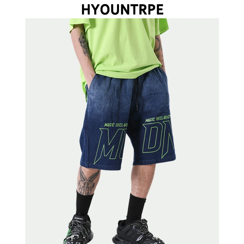 

Mens Letter Printed Denim Shorts Men Casual Jean Shorts New Summer Streetwear Hip Hop Loose Knee Length Pant Joggers Shorts