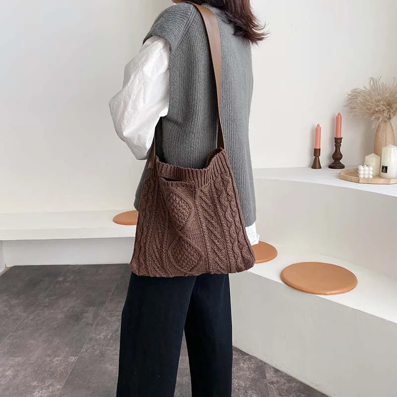 Женская шерстяная вязаная сумка через плечо на лямках из искусственной кожи