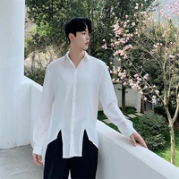 mens long sleeve shirt spring and autumn new pure color daily leisure splicing strap design hair stylist large size shirt