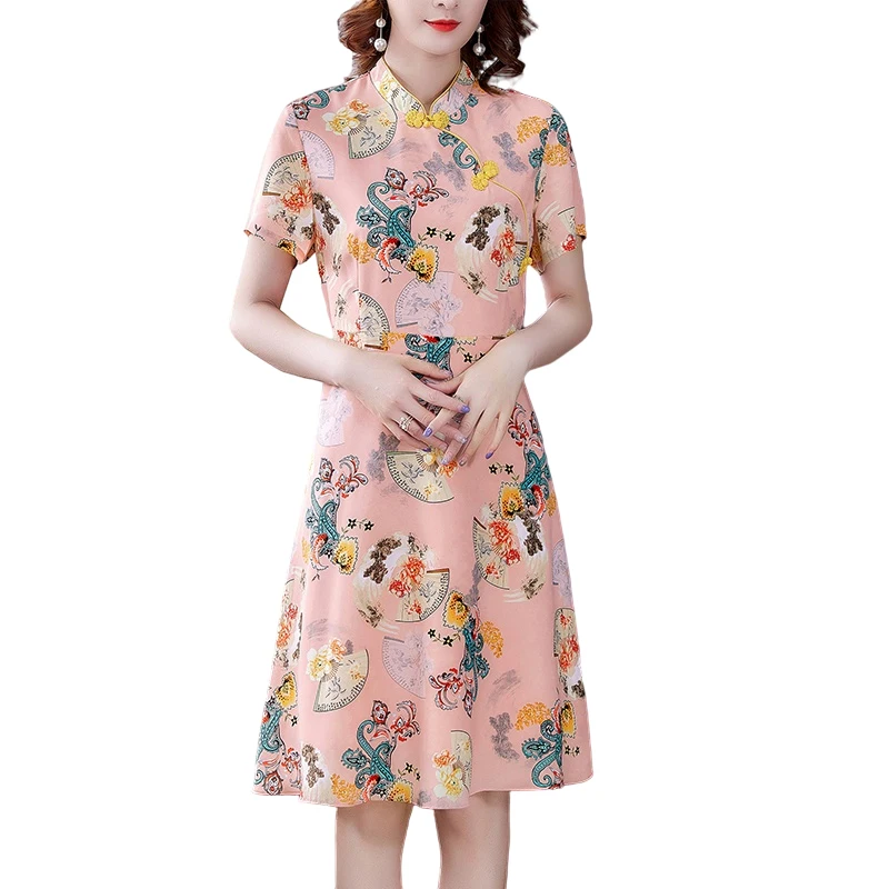 

Women M-4XL Plus Size Chinese Style Vintage Midi Dress Summer Pink Print Chiffon Casual Dress 2021 Elegant Slim Party Vestidos