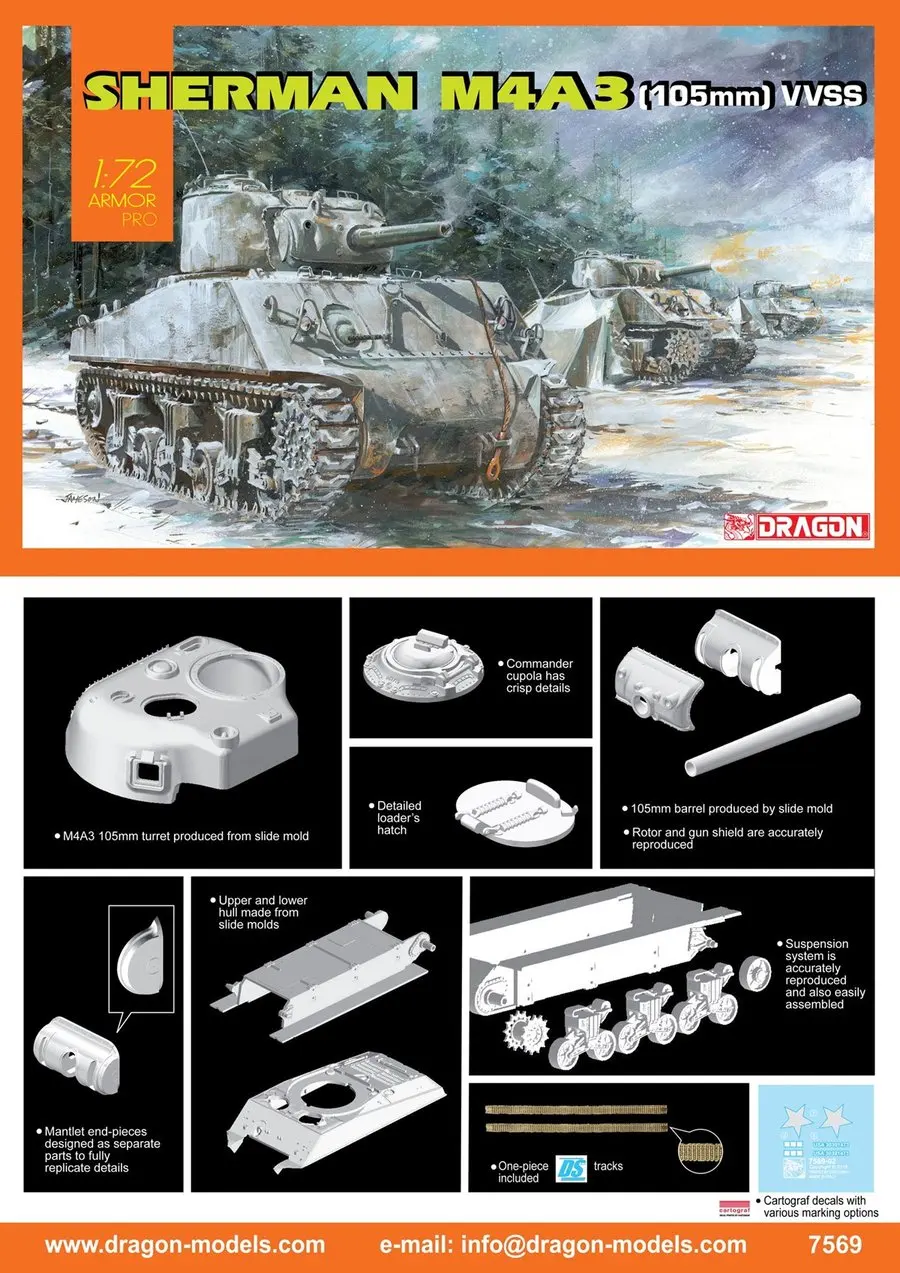 DRAGON 1/72 масштаб 7569 США Sherman M4A3 (105 мм) VVSS бак дисплей детская игрушка пластиковая