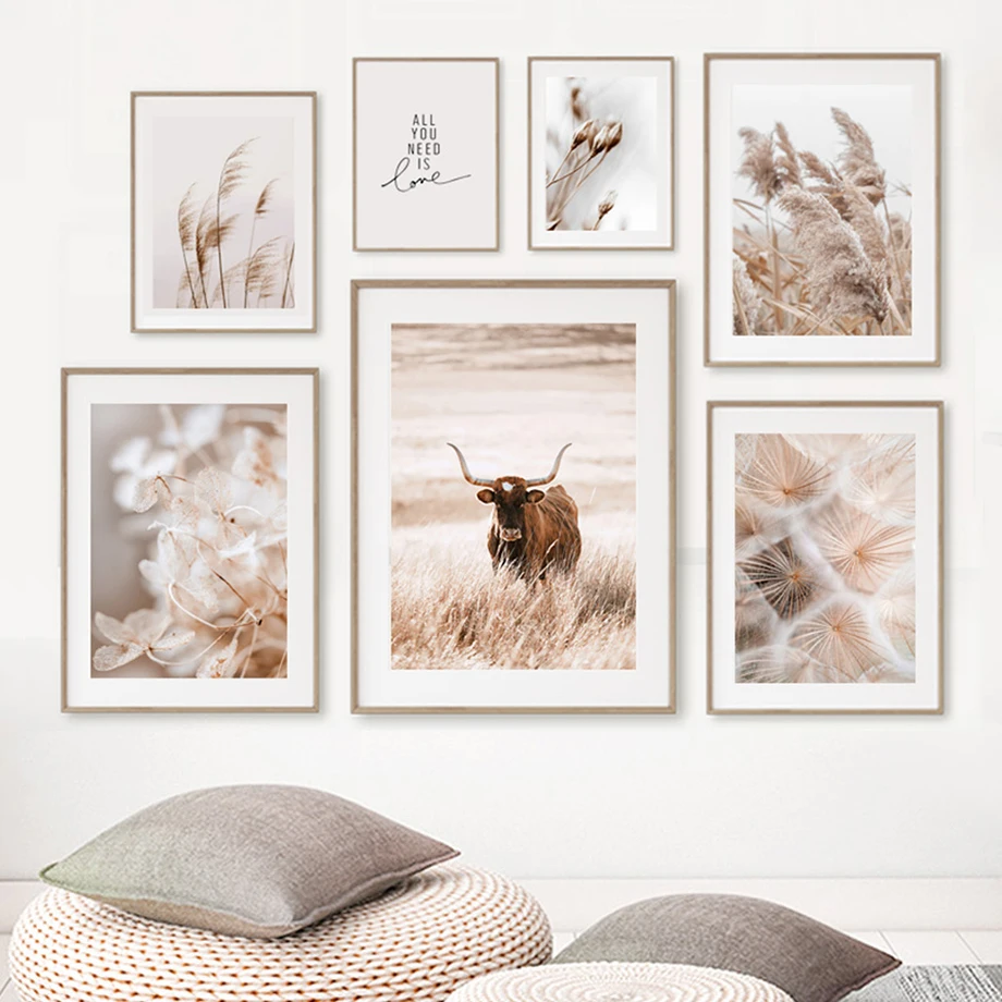 

Beige Reed Dandelion Grass Cow Natural Wall Art Canvas Painting Nordic Posters and Prints Wall Pictures for Living Room Decor