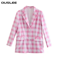 ouslee spring autumn women loose pink cotton plaid vintage office lady single breasted tweed blazer female elegant outwear