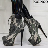kolnoo new classic womens high heels ankle boots camouflage cross lace up sexy platform martin boots fashion party winter shoes