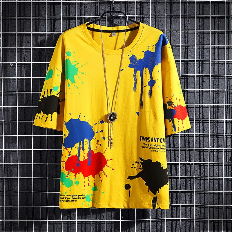 

Idopy Fashion Men`s Japanese Urban Style Short Sleeve Loose Fit Paint Pullover Hip Hop Printed Sweatshirts Shirts Tees For Male