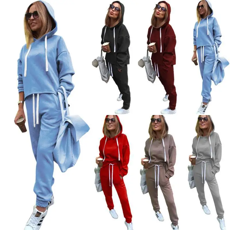 

Donsignet 2021 Autumn Solid Casual Womens Suits Drawstring Sweatshirt Solid Color Stitching Sports Suit for Women Two Piece Set