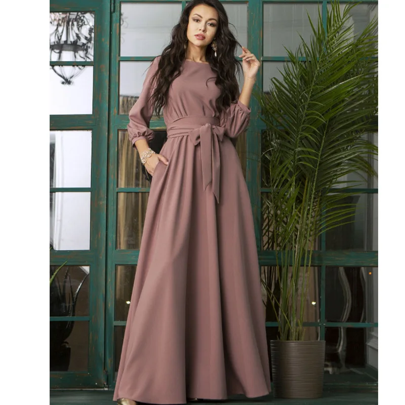 

Evening Long Dress Elegant Women Summer Casual Solid Sashes Comfortable Loose Ankle Length Lantern Sleeve Plus Size Slim Robe