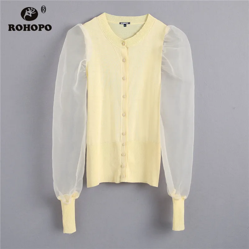 ROHOPO/Осенняя блуза из тюля с пышными рукавами цвет черный желтый однотонный топ