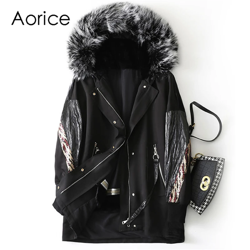 

Aorice Women's Winter Warm Natural Fox Fur Coat Lady Female Luxury Real Rabbit Fur Liner Long Parka Jacket Overcoats A41638