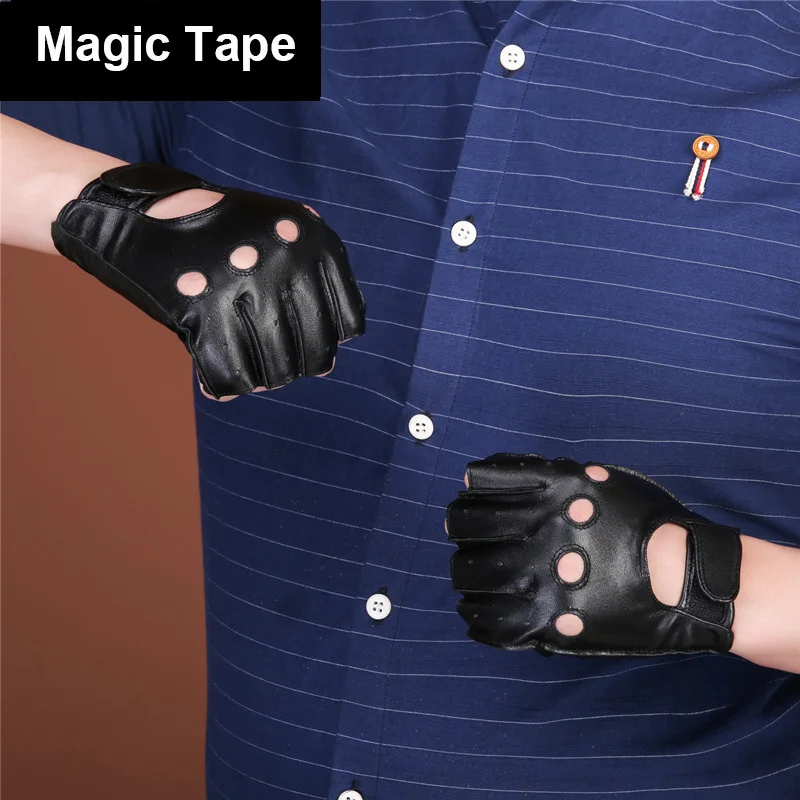 Magic Tape -Black Мужские перчатки без пальцев, кожаные перчатки для вождения в тренажерном зале, тактические военные Перчатки для фитнеса, мотоцикла, перчатки с полупальцами, черные мужские Нескользящие - Цвет: Magic Tape -Black