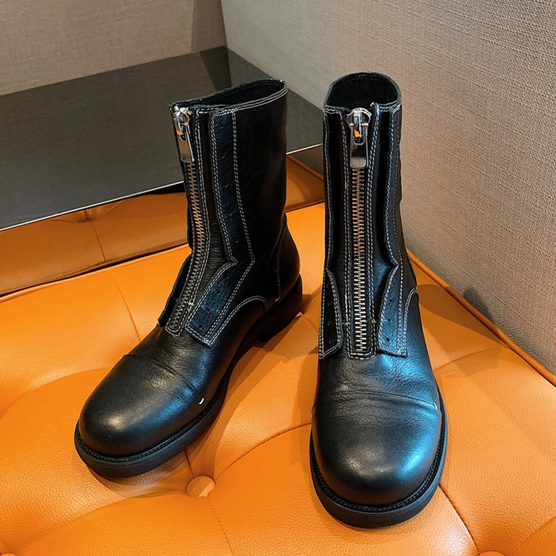 

Meotina Genuine Leather Mid Heels Ladies Boots Women Shoes Round Toe Zip Chunky Heels Mid Calf Boots Female Autumn Black White
