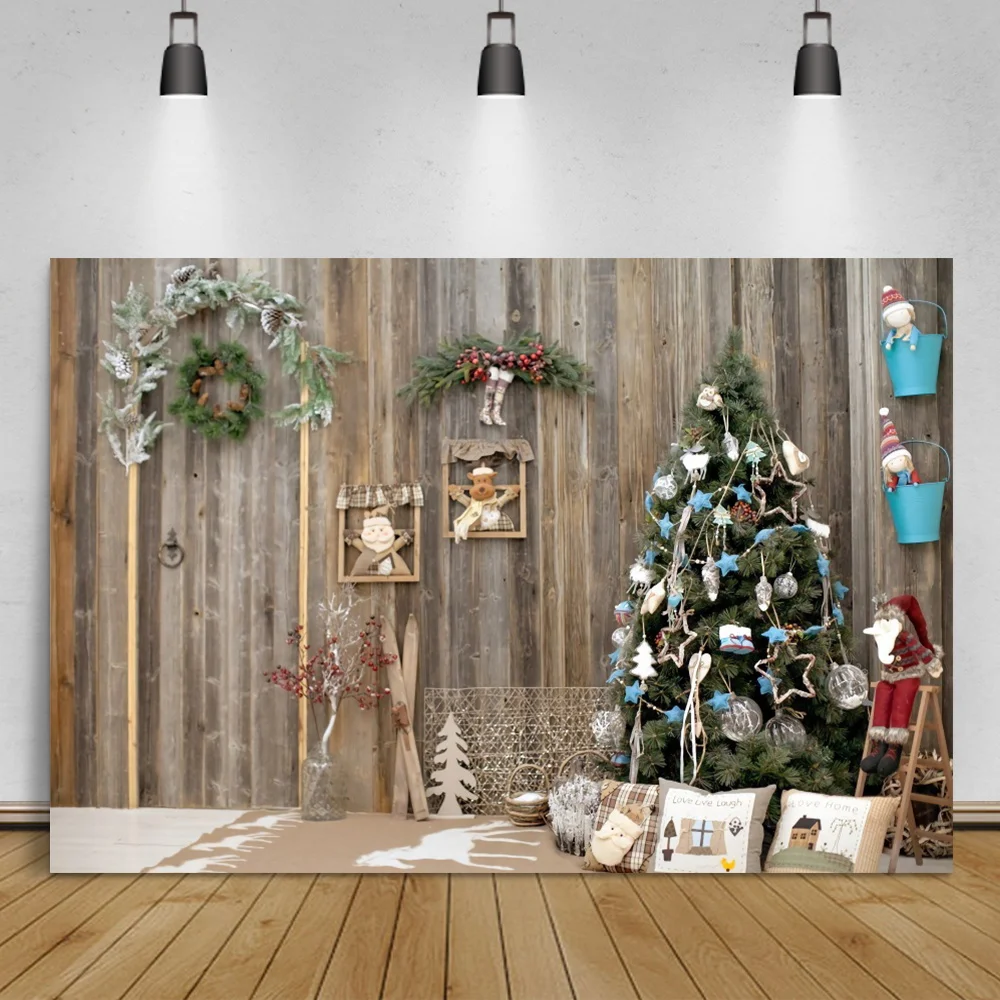 

Laeacco Christmas Tree Wooden Boards Background Wreath Toys Child Portrait Photocall Banner Photographic Photo Backdrops Poster