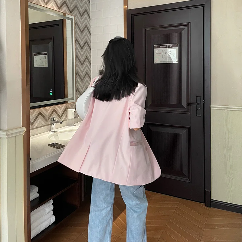 

[EAM] Women Pink Color Brief Big Size Blazer New Lapel Half Sleeve Loose Fit Jacket Fashion Tide Spring Summer 2021 1DE0125