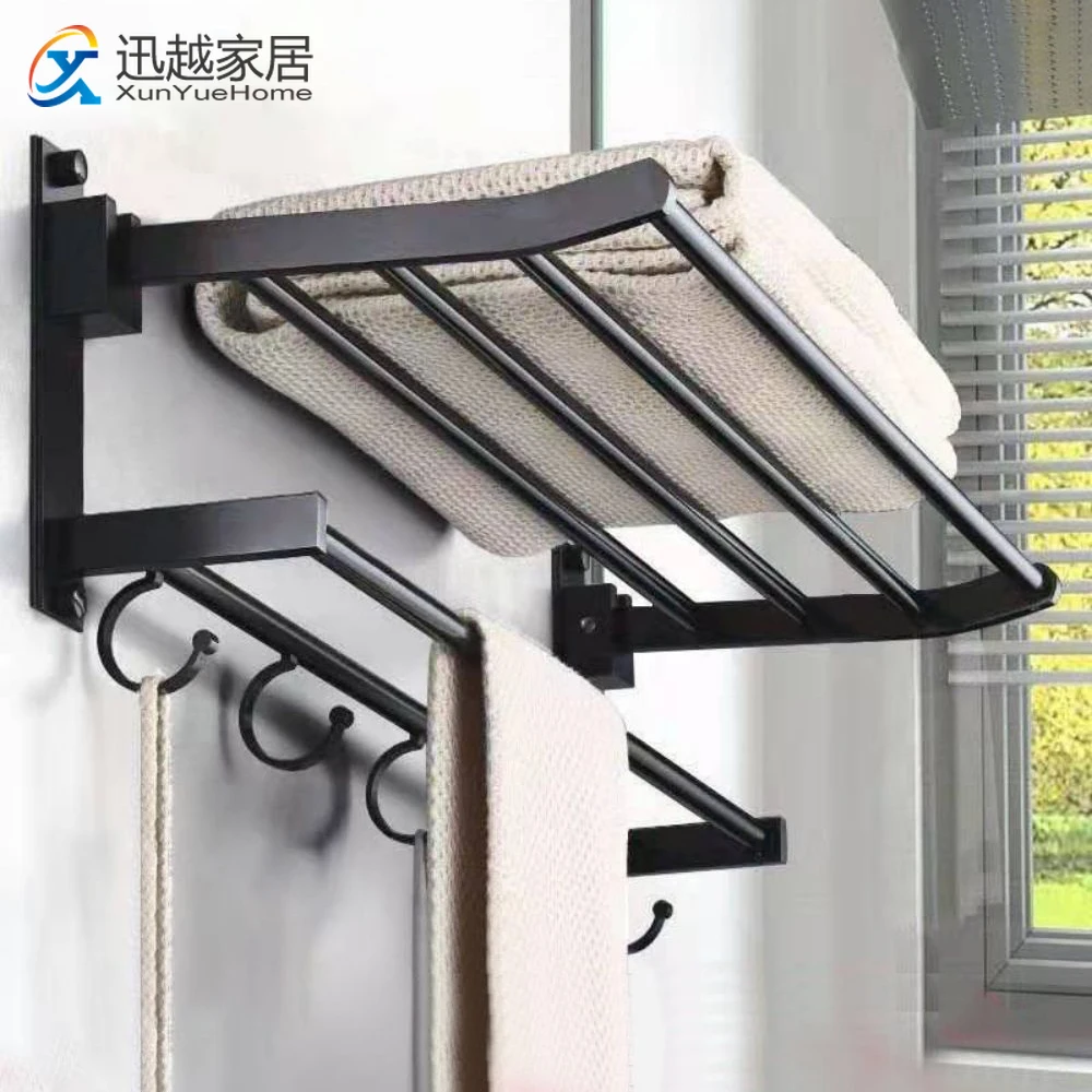 

Towel Holder Wall Mounted Black Aluminum Surface Shower Bars Hanger Adjustable Fold Clothes Rack with Hooks Bathroom Accessories
