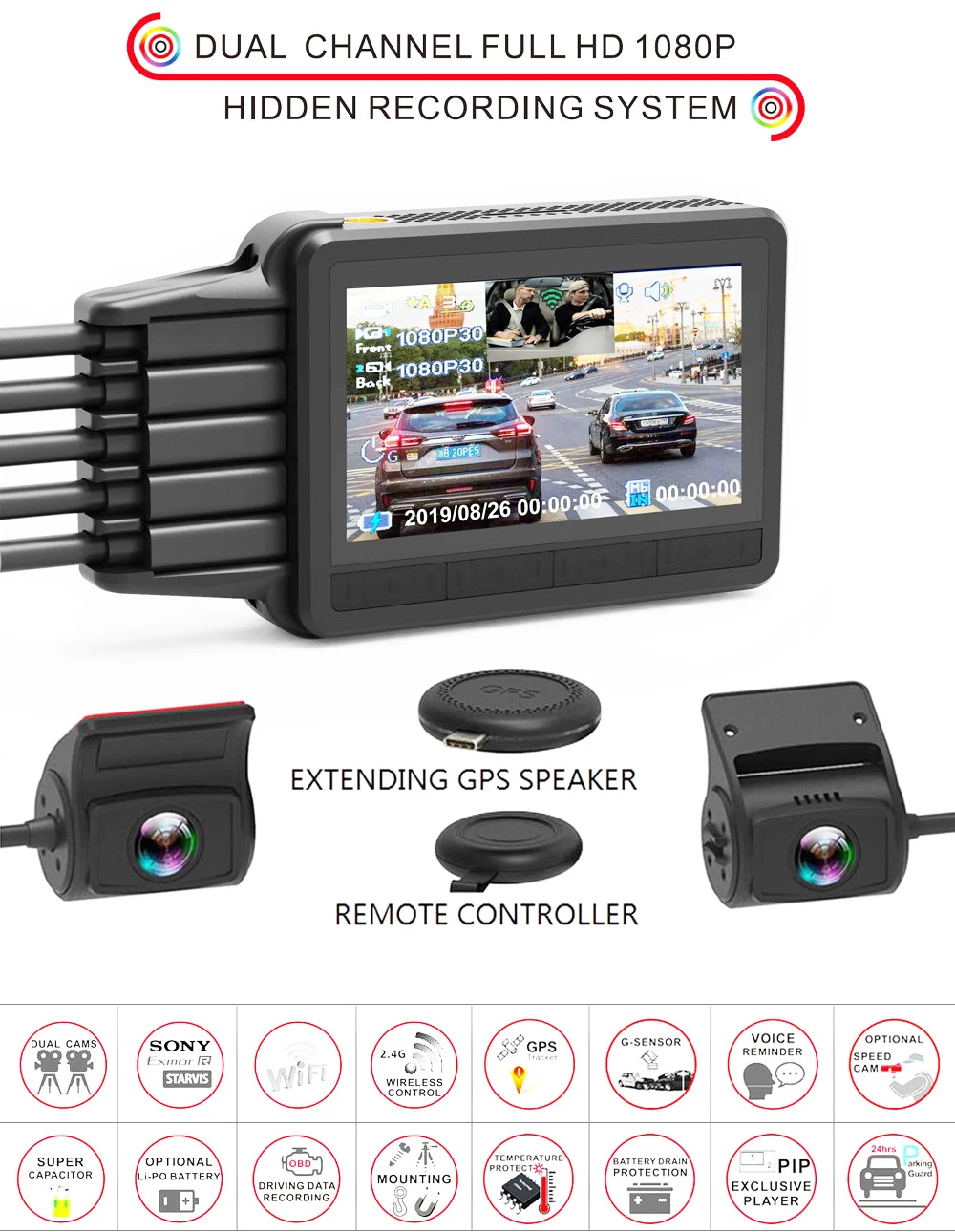 Conkim Двойной объектив автомобиля тире Камера K2S gps+ WI-FI DVR спереди 1080P FHD+ сзади Камера 1080P FHD помощь при парковке режимов БД данных мониторинга