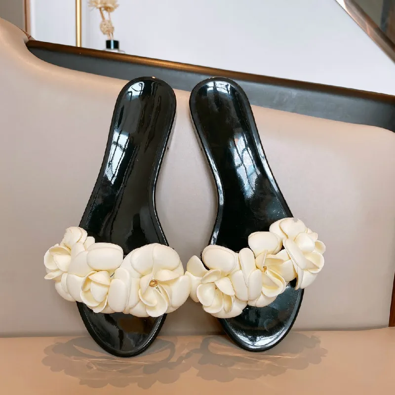 Шлепанцы женские с цветком камелии плоская подошва сланцы модная обувь цветами