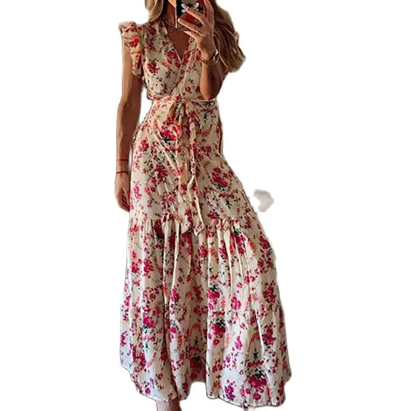 Женское винтажное пляжное платье до щиколотки элегантное свободное Бандажное с