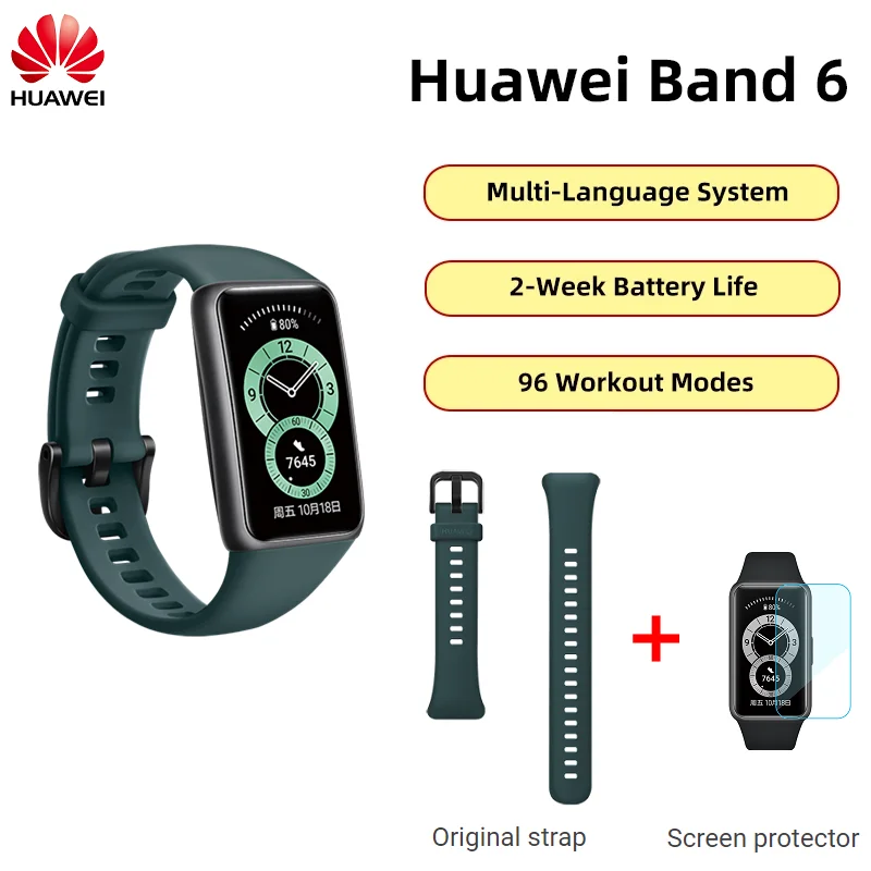 

[New] HUAWEI Band 6 Original Genuine Standard Edition Sports Band Multi-lingual Smart Band + Original Strap + Screen Film(Green)
