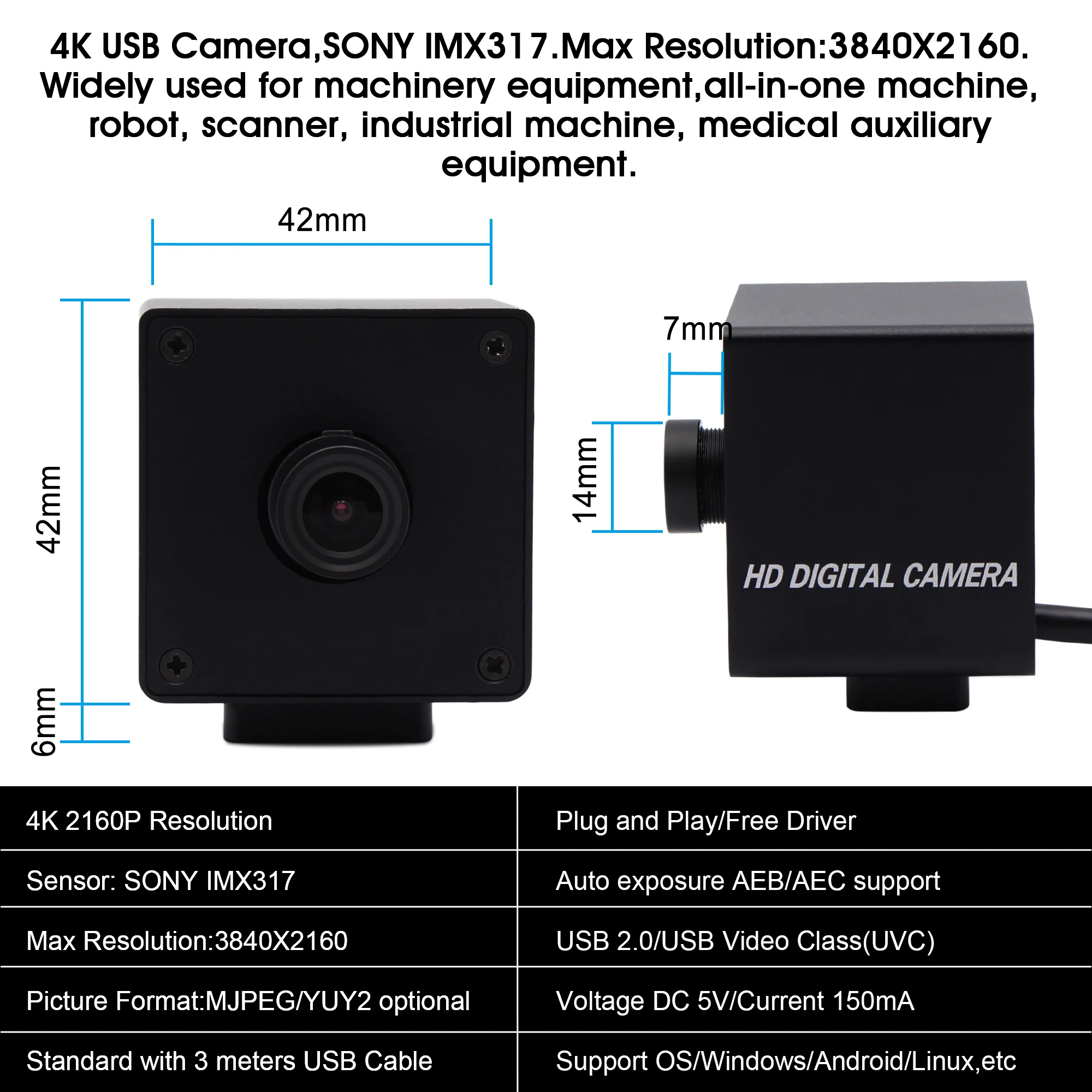 MJPEG 30fps 3840x2160 4K USB веб камера видеонаблюдения CMOS Sony IMX317 с мини Чехол|Камеры