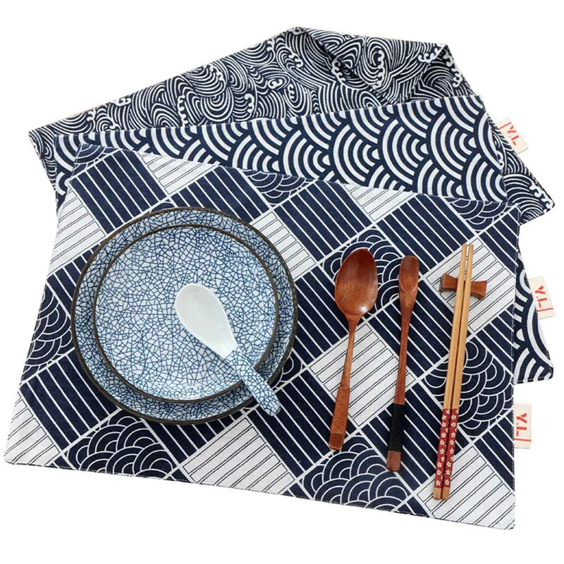 

Rectangular Place Mat Cotton LinenJapan Style Grid Coasters Weave Pattern Placemat Kitchen Home Decoration Table Mat