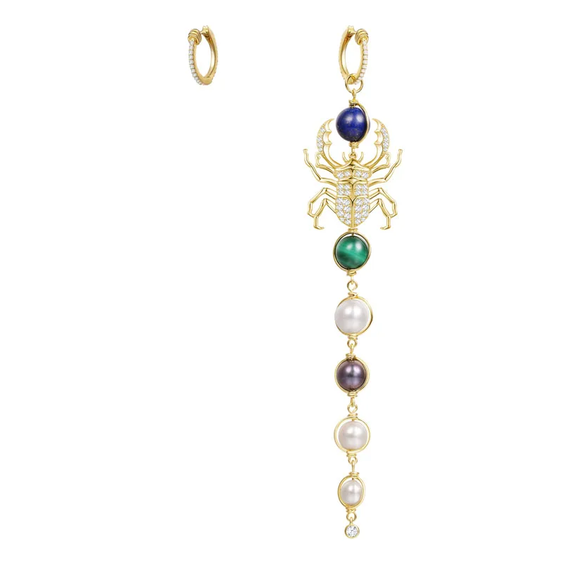 

925 Sterling Silver Asymmetric Zircon Scarab Earrings with Pearl Multi Stones INTEMPOREL Earrings Women Fine Jewelry