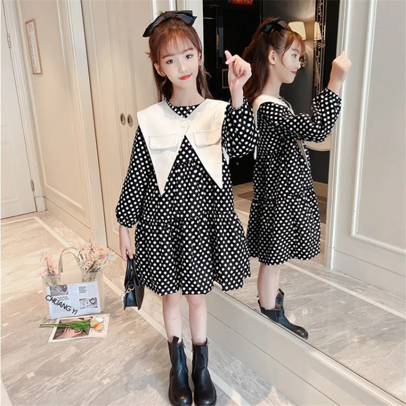 

Платья для девочек, Новинка Весна 2022, модное платье в горошек, повседневная одежда с длинным рукавом для подростков, милое детское платье в с...