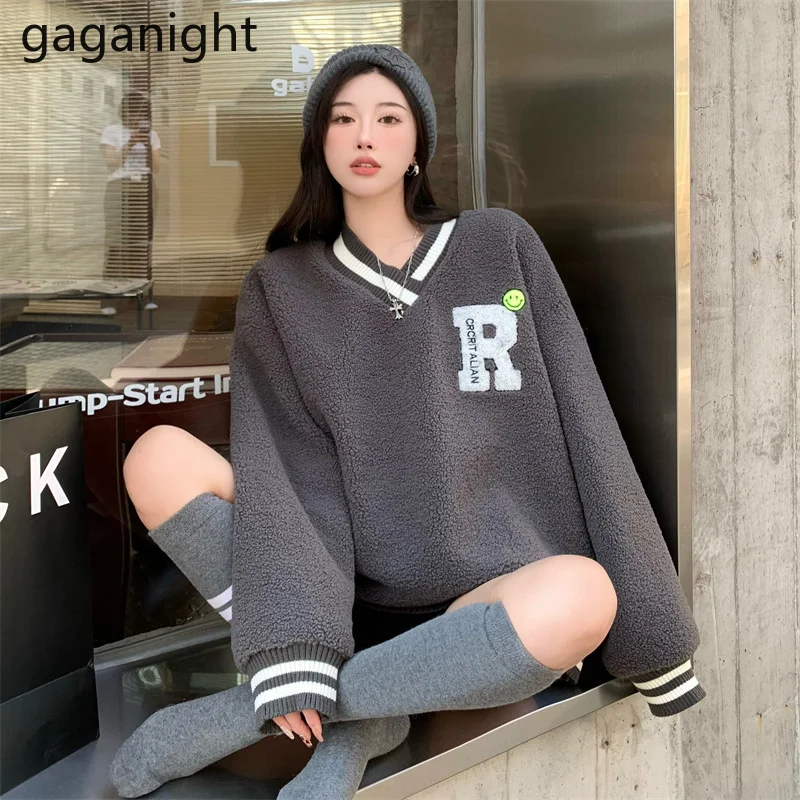 

Gaganight женский свитер из искусственной овечьей шерсти 2021 осень и зима новый плюс бархатный утепленный V-образный вырез свободный Женский пул...