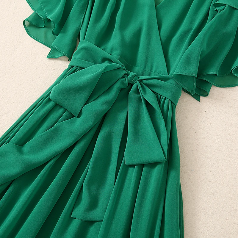 

2021 Summer Fashion Designer Dress Women Green V-Neck Ruffles Patchwork Elegant Belt Full Dresses