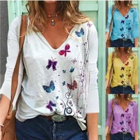 butterfly printed long sleeve cotton polyester womens t shirt casual loose v neck pullover fashion womens top oversized
