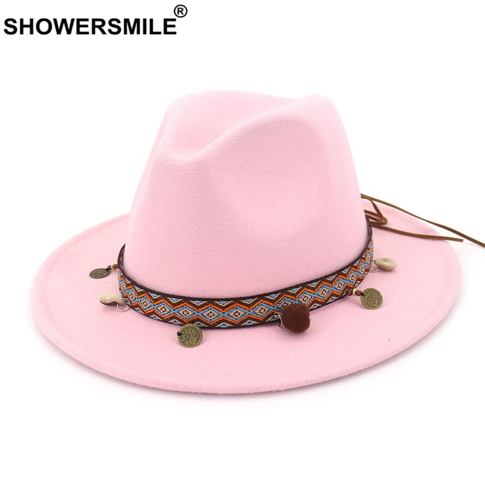 SHOWERSMILE, синие фетровые шляпы для женщин, шерстяная шляпа Трилби, женская шляпа с широкими полями, повседневная женская зимняя шапка в этническом стиле