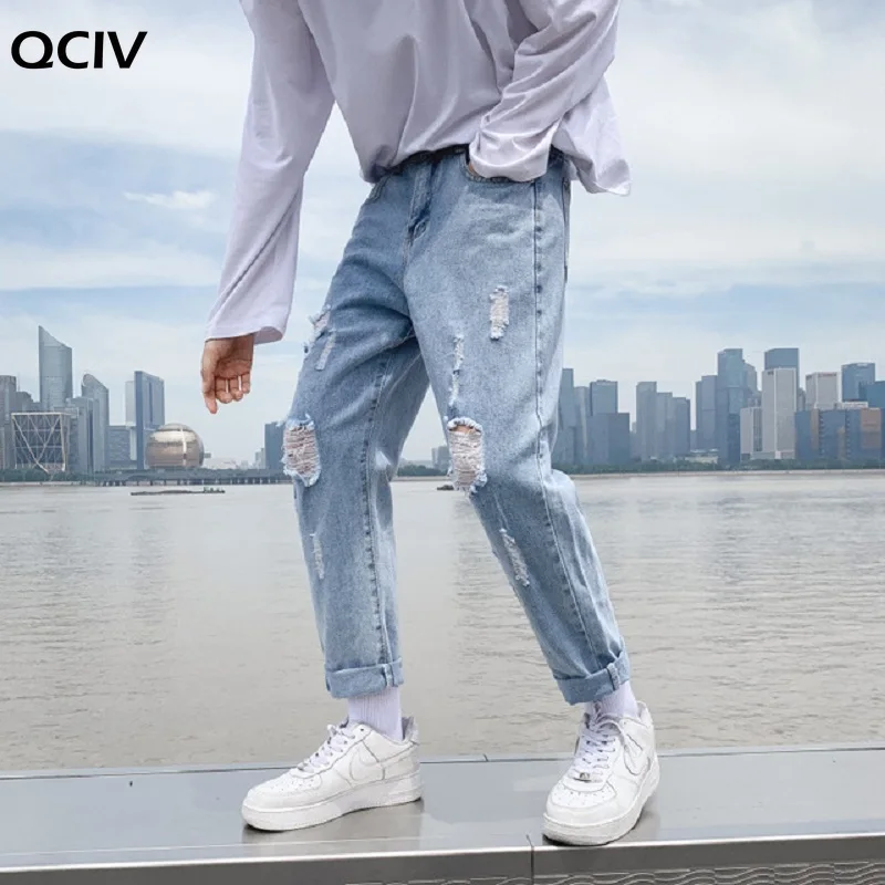 Fashion men's jeans broken hole pants  thin torn men's solid cotton straight tube loose vintage washed jeans streetwear