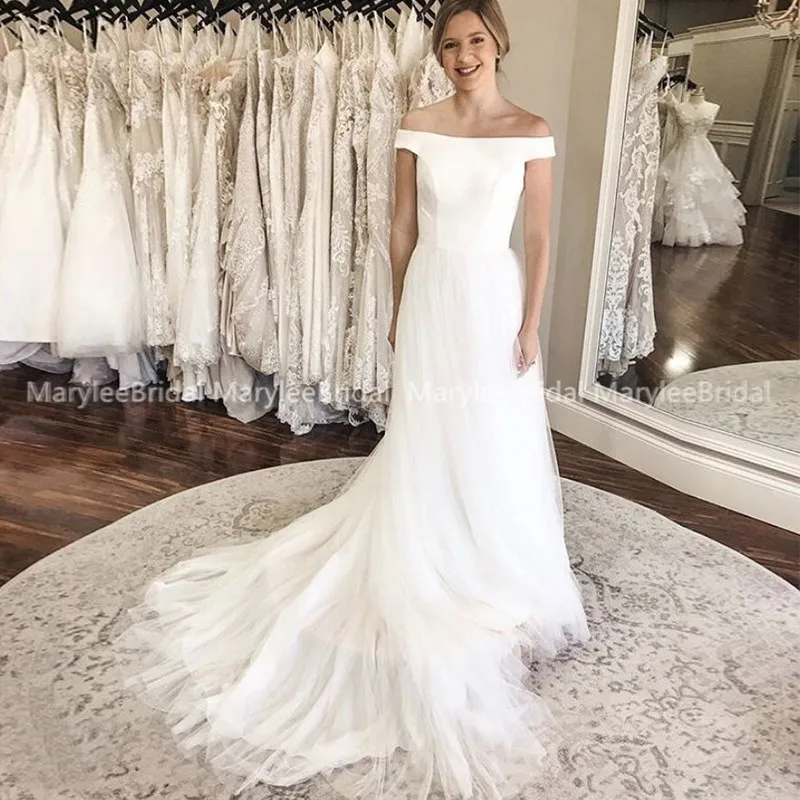 

Off The Shoulder Simple Wedding Dress Boho A-line abito da sposa Boat Neck Tulle Bridal Gowns Sweep Train robe de marie Custom