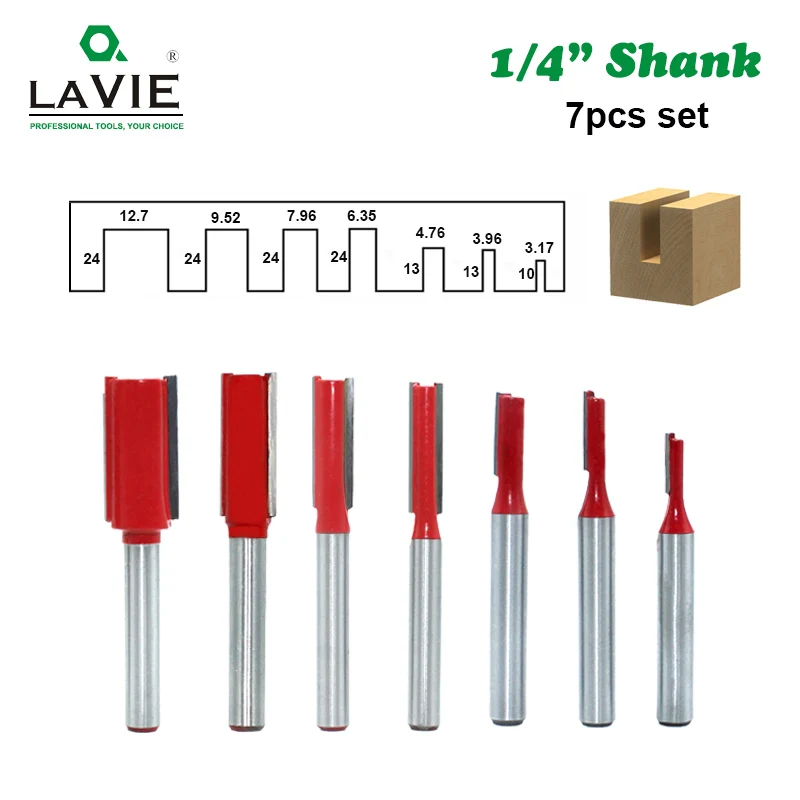 LA VIE 7pcs 1/4 Inch 6.35mm Shank Single Double Blade Straight Bit Router Bit Milling Cutting for Wood Tool Trimming MC01012