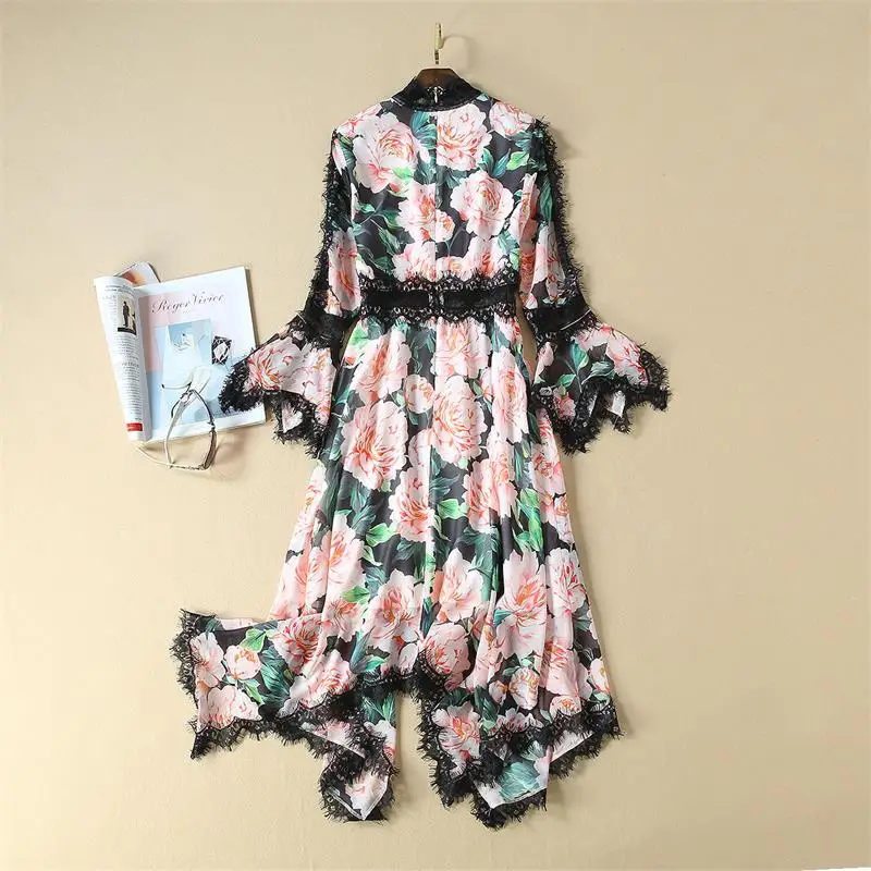 

Women Runway Dress 2019 High Quality Stand Collar Long Sleeve Patchwork Lace Floral Printed Casual Dresses Vestidos NP0802Y