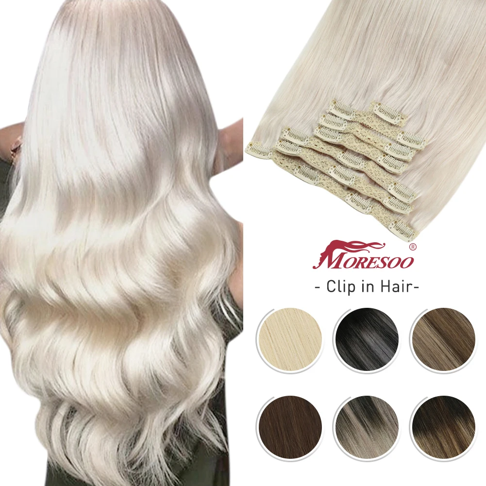 

Moresoo Clip in Human Hair Extensions Natural Machine Remy Blonde Brown Silky Straight Double Weft Balayage Ombre