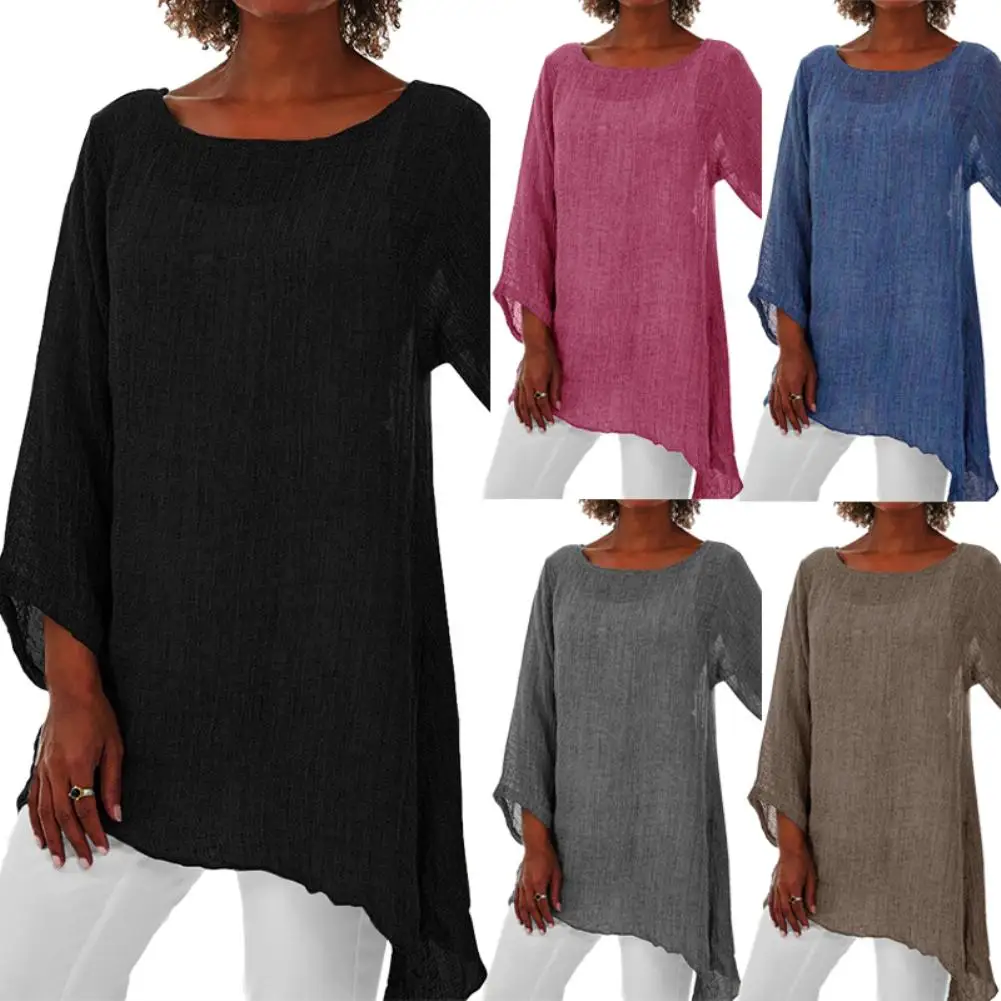 

Plus Size Women Solid Color Linen O-Neck Long Sleeve Irregular Tunic Top T-Shirt Irregular Tunic Top T-Shirt Women Top Long Slee