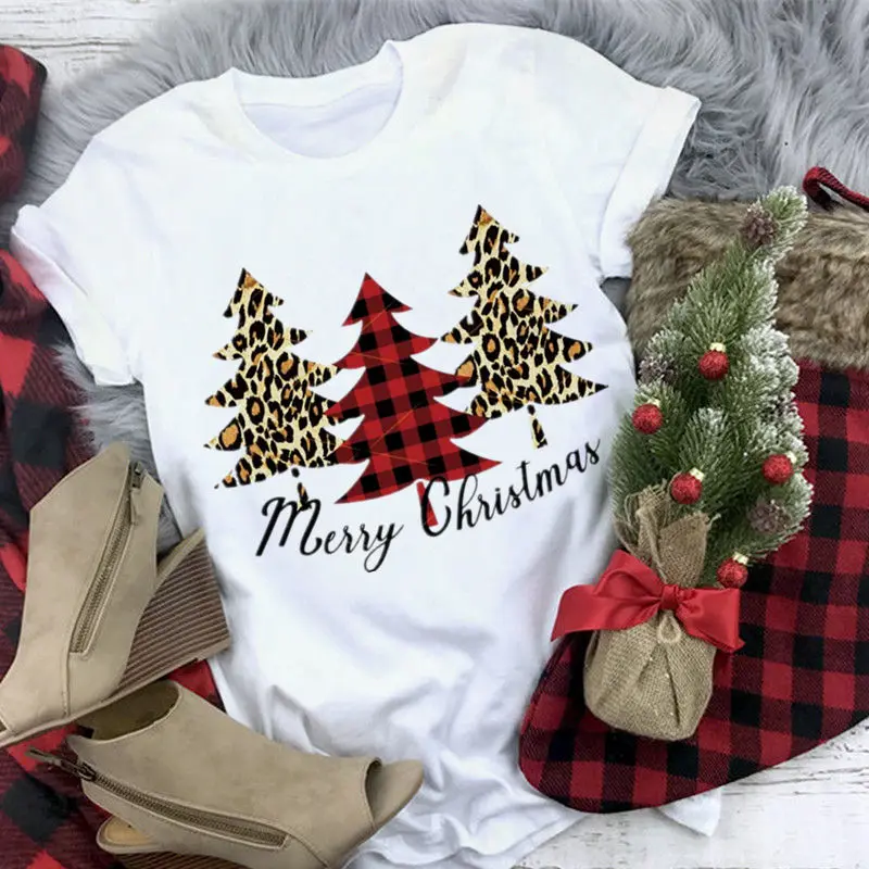 

Женская рождественская футболка в клетку, женская белая одежда, Рождественская Футболка с принтом, летняя Женская Повседневная модная футб...