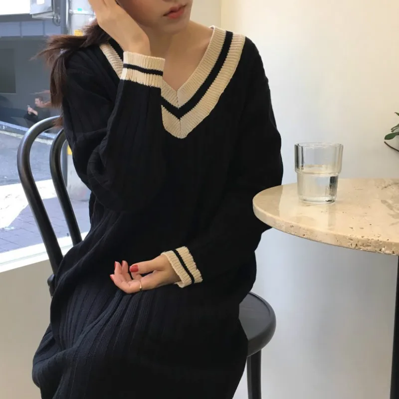 Women Autumn Winter Long Sweater Dress V Neck Patckwork Straight Vestidos Vintage Robe Pull Femme Sukienki Jurken Ropa Mujer | Женская