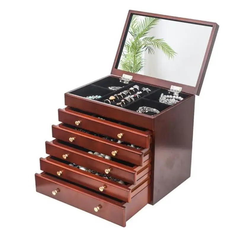 

Large Jewelry Organizer Wooden Storage Box 6 Layers Case with 5 Drawers, Brown